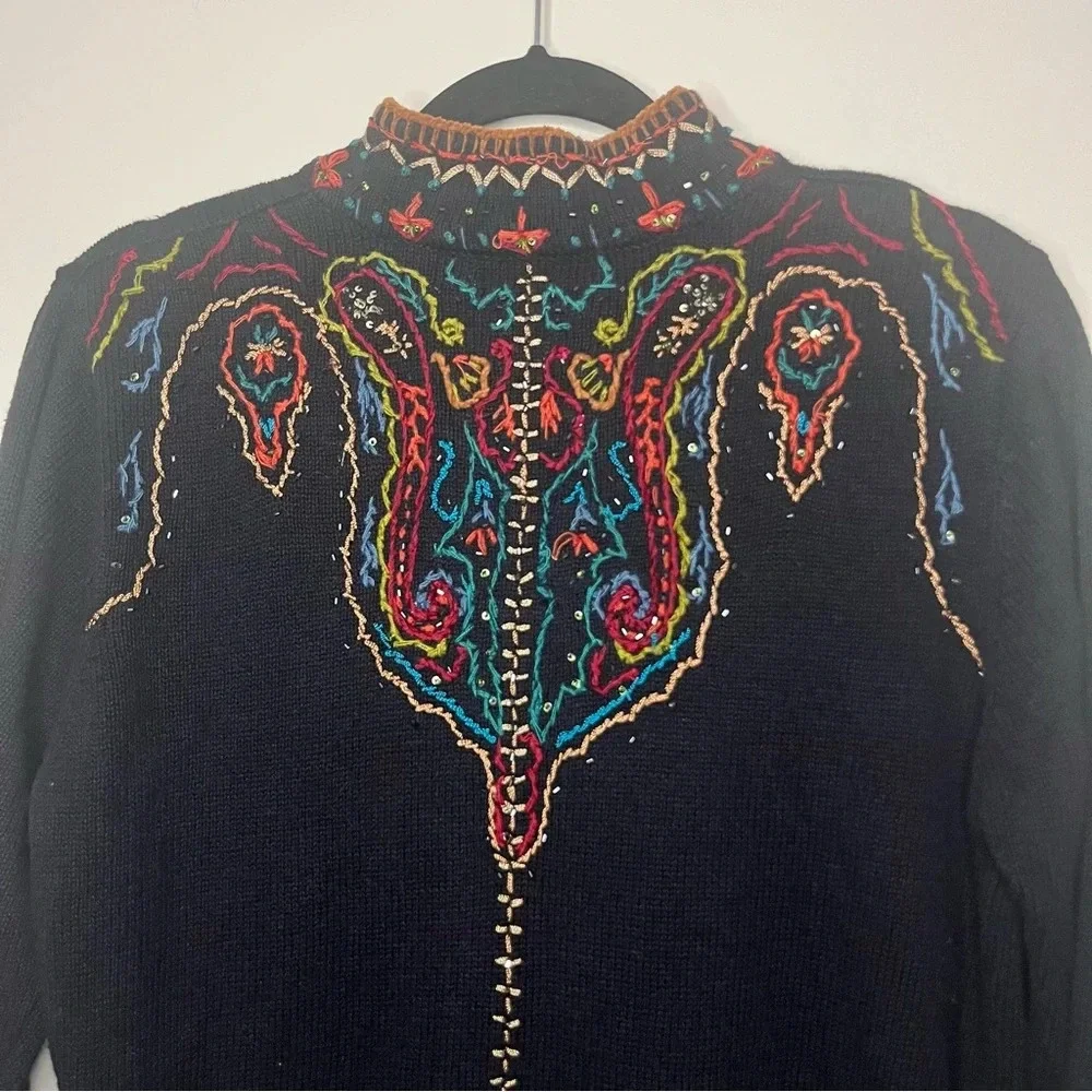 VTG COLDWATER CREEK Colorful Boho 90s Beaded Embroidered Longlined Fall Cardigan